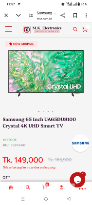 Samsung crystal 4k UHD 65 inch Smart LED TV